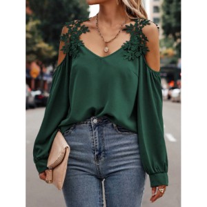 SHEIN LUNE Embroidery Patch Hollow Out Shoulder Women'S Long Sleeve Blouse