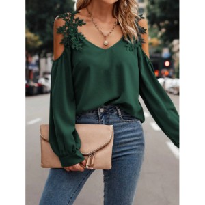 SHEIN LUNE Embroidery Patch Hollow Out Shoulder Women'S Long Sleeve Blouse