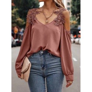 SHEIN LUNE Embroidery Patch Hollow Out Shoulder Women'S Long Sleeve Blouse