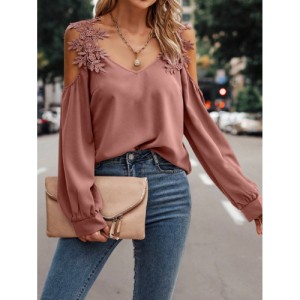 SHEIN LUNE Embroidery Patch Hollow Out Shoulder Women'S Long Sleeve Blouse