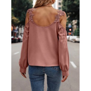 SHEIN LUNE Embroidery Patch Hollow Out Shoulder Women'S Long Sleeve Blouse