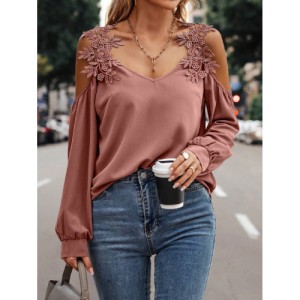 SHEIN LUNE Embroidery Patch Hollow Out Shoulder Women'S Long Sleeve Blouse