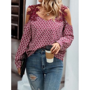 SHEIN LUNE Embroidery Patch Hollow Out Shoulder Women'S Long Sleeve Blouse