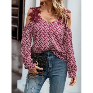 SHEIN LUNE Embroidery Patch Hollow Out Shoulder Women'S Long Sleeve Blouse