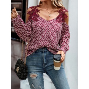 SHEIN LUNE Embroidery Patch Hollow Out Shoulder Women'S Long Sleeve Blouse