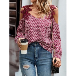 SHEIN LUNE Embroidery Patch Hollow Out Shoulder Women'S Long Sleeve Blouse