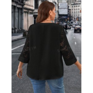 SHEIN Clasi Plus Size Women's Lace Patchwork Notched Neckline Blouse