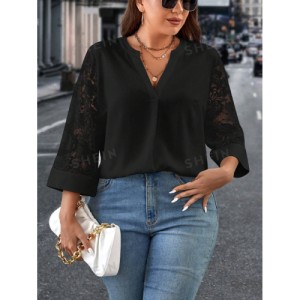 SHEIN Clasi Plus Size Women's Lace Patchwork Notched Neckline Blouse