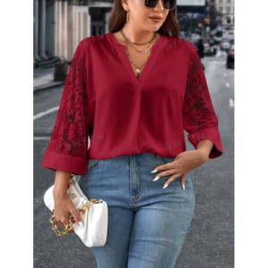 SHEIN Clasi Plus Size Women's Lace Patchwork Notched Neckline Blouse