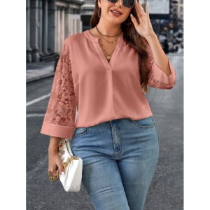 SHEIN Clasi Plus Size Women's Lace Patchwork Notched Neckline Blouse