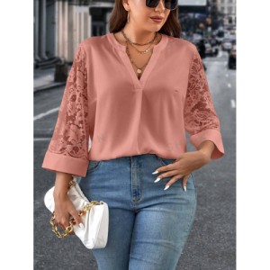 SHEIN Clasi Plus Size Women's Lace Patchwork Notched Neckline Blouse