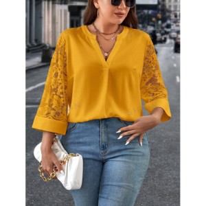 SHEIN Clasi Plus Size Women's Lace Patchwork Notched Neckline Blouse