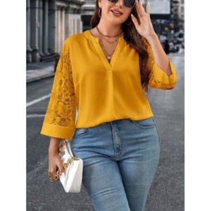 SHEIN Clasi Plus Size Women's Lace Patchwork Notched Neckline Blouse