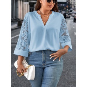 SHEIN Clasi Plus Size Women's Lace Patchwork Notched Neckline Blouse