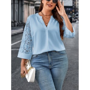 SHEIN Clasi Plus Size Women's Lace Patchwork Notched Neckline Blouse