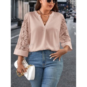 SHEIN Clasi Plus Size Women's Lace Patchwork Notched Neckline Blouse