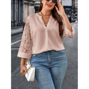 SHEIN Clasi Plus Size Women's Lace Patchwork Notched Neckline Blouse