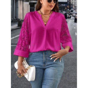 SHEIN Clasi Plus Size Women's Lace Patchwork Notched Neckline Blouse