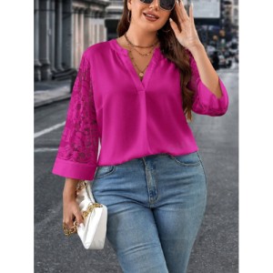 SHEIN Clasi Plus Size Women's Lace Patchwork Notched Neckline Blouse