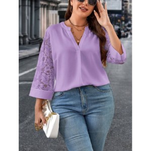 SHEIN Clasi Plus Size Women's Lace Patchwork Notched Neckline Blouse