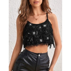 SHEIN Prive Fringe Trim Sequin Decor Crop Cami Top