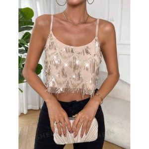 SHEIN Prive Fringe Trim Sequin Decor Crop Cami Top