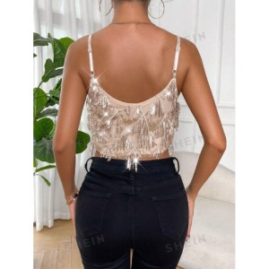 SHEIN Prive Fringe Trim Sequin Decor Crop Cami Top