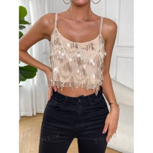 SHEIN Prive Fringe Trim Sequin Decor Crop Cami Top