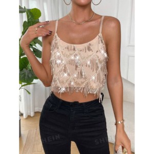 SHEIN Prive Fringe Trim Sequin Decor Crop Cami Top