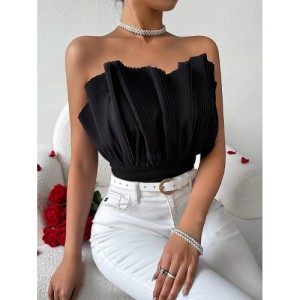 SHEIN Prive Fan-Shaped Pleated Strapless Bodysuit