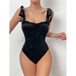 SHEIN Prive Fan-Shaped Pleated Strapless Bodysuit