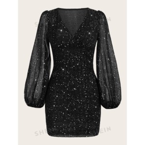 SHEIN BAE Plunge Neck Lantern Sleeve Sequin Bodycon Dress