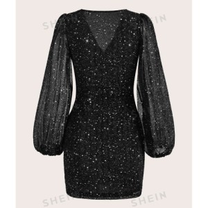 SHEIN Modely V Neck Lantern Sleeve Sequin A-line Dress