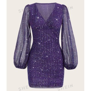 SHEIN BAE Plunge Neck Lantern Sleeve Sequin Bodycon Dress