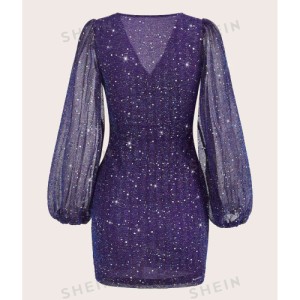 SHEIN BAE Plunge Neck Lantern Sleeve Sequin Bodycon Dress