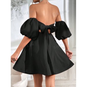 SHEIN Prive Off Shoulder Puff Sleeve Tie Backless Dress