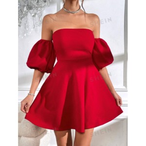 SHEIN Prive Off Shoulder Puff Sleeve Tie Backless Dress