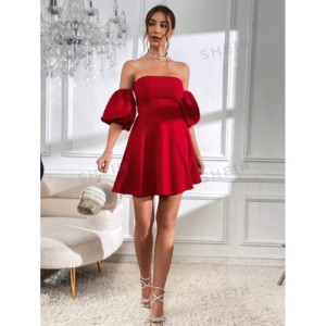 SHEIN Prive Off Shoulder Puff Sleeve Tie Backless Dress