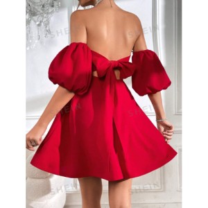 SHEIN Prive Off Shoulder Puff Sleeve Tie Backless Dress