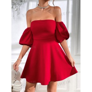 SHEIN Prive Off Shoulder Puff Sleeve Tie Backless Dress