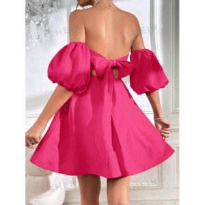 SHEIN Prive Off Shoulder Puff Sleeve Tie Backless Dress