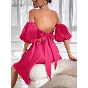 SHEIN Prive Off Shoulder Puff Sleeve Tie Backless Dress