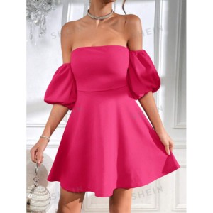 SHEIN Prive Off Shoulder Puff Sleeve Tie Backless Dress