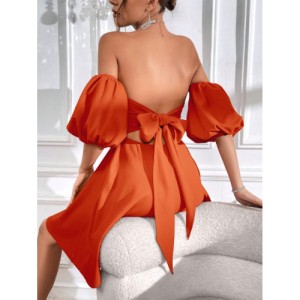 SHEIN Prive Off Shoulder Puff Sleeve Tie Backless Dress