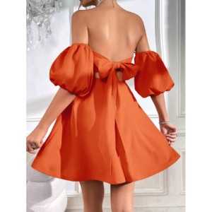 SHEIN Prive Off Shoulder Puff Sleeve Tie Backless Dress