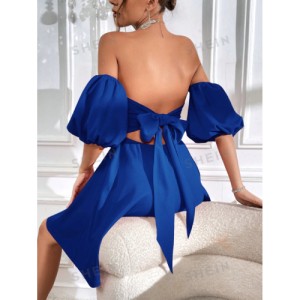 SHEIN Prive Off Shoulder Puff Sleeve Tie Backless Dress