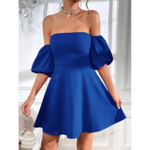 SHEIN Prive Off Shoulder Puff Sleeve Tie Backless Dress