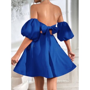 SHEIN Prive Off Shoulder Puff Sleeve Tie Backless Dress