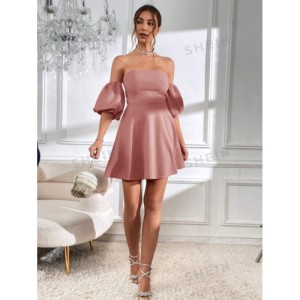 SHEIN Prive Off Shoulder Puff Sleeve Tie Backless Dress