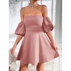 SHEIN Prive Off Shoulder Puff Sleeve Tie Backless Dress